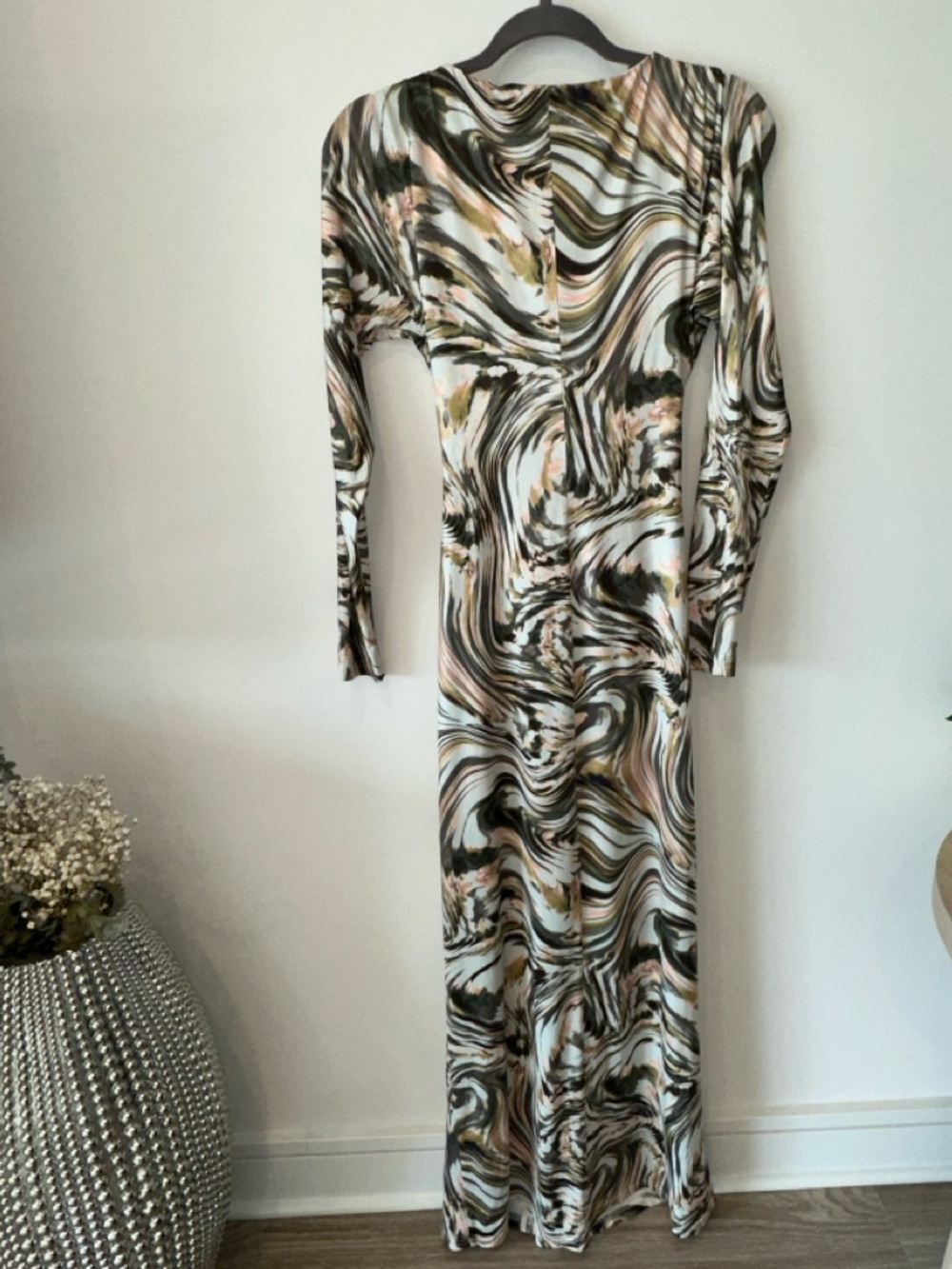 Cole Haan Swirl Print Long Sleeve Maxi Dress - Black, Cream, Pink, Green